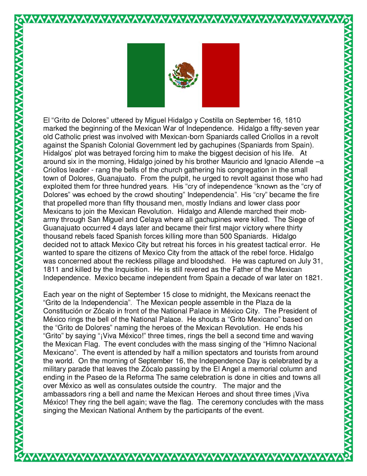 “Misc. Lesson-“El Grito” Mexican Independence-Reading-Comprehension