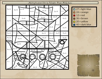 free math lesson color by number multiplication pirates